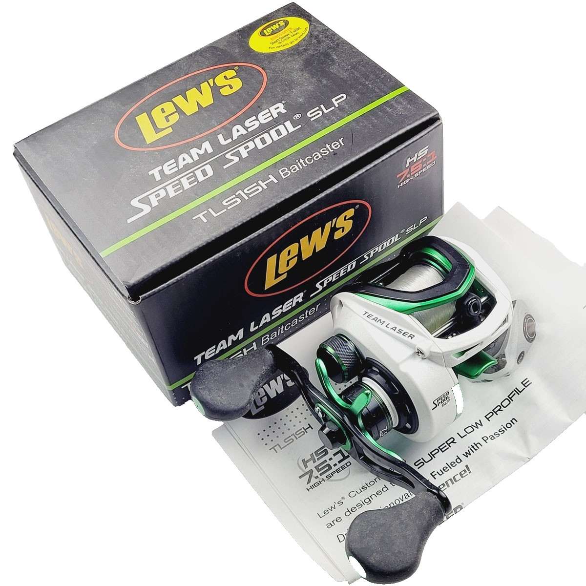 Lew’s Baitcasting Reel Team Laser TLS1SH R/H 10BB Speed Spool White Green Box #1