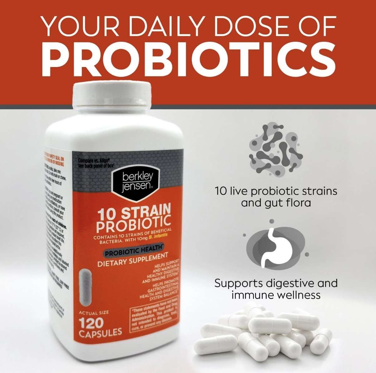 Berkley Jensen 10 Strain Probiotic Supplement Capsules, 120 Count Exp 04/2026+