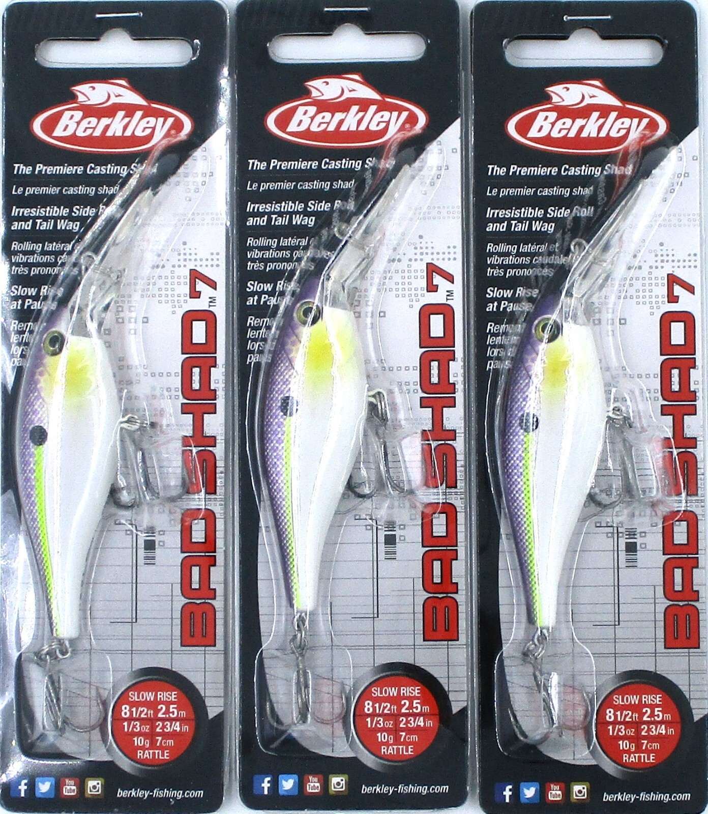 (3) Berkley 1/3 Oz 2 3/4″ Bad Shad 7 Rattle Crankbaits Purple Glimmer Brand New