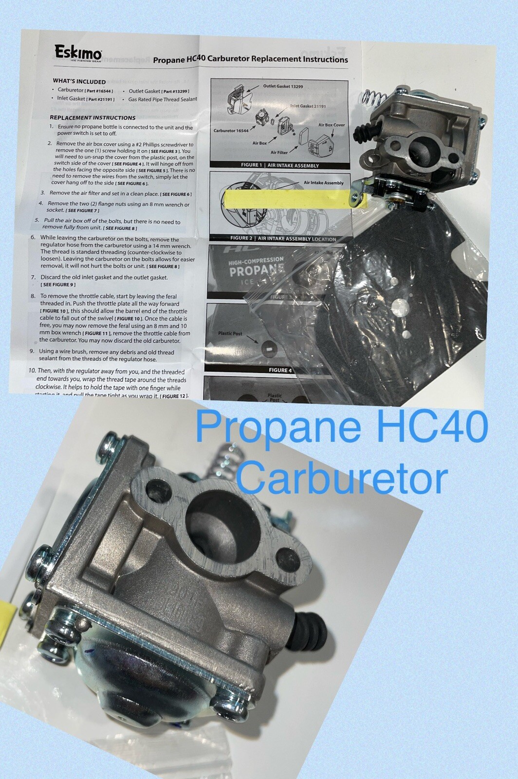 ESKIMO Ice Auger 16544 CARBURETOR Kit HC40 GENUINE OEM PROPANE HC40 Gasket New