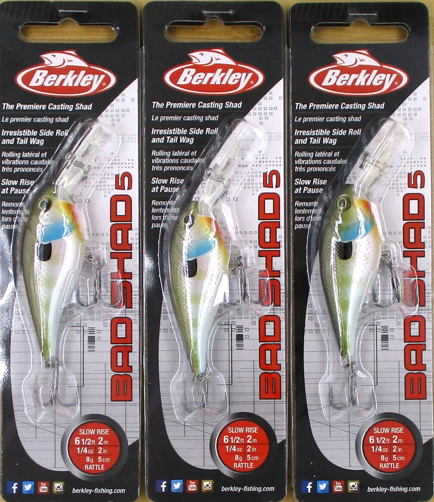 (3) Berkley 1/4 Oz 2″ Bad Shad 5 Rattle Crankbaits Natural Bluegill BHBBS5-NBG