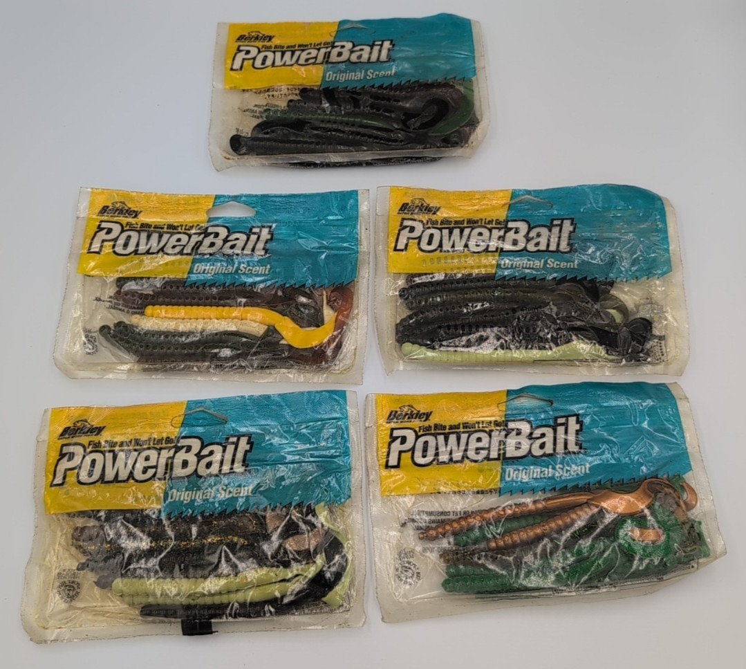 Lot of 5 – Berkley Powerbait Original Scent Curly Tail Worm Bass Fishing Lures