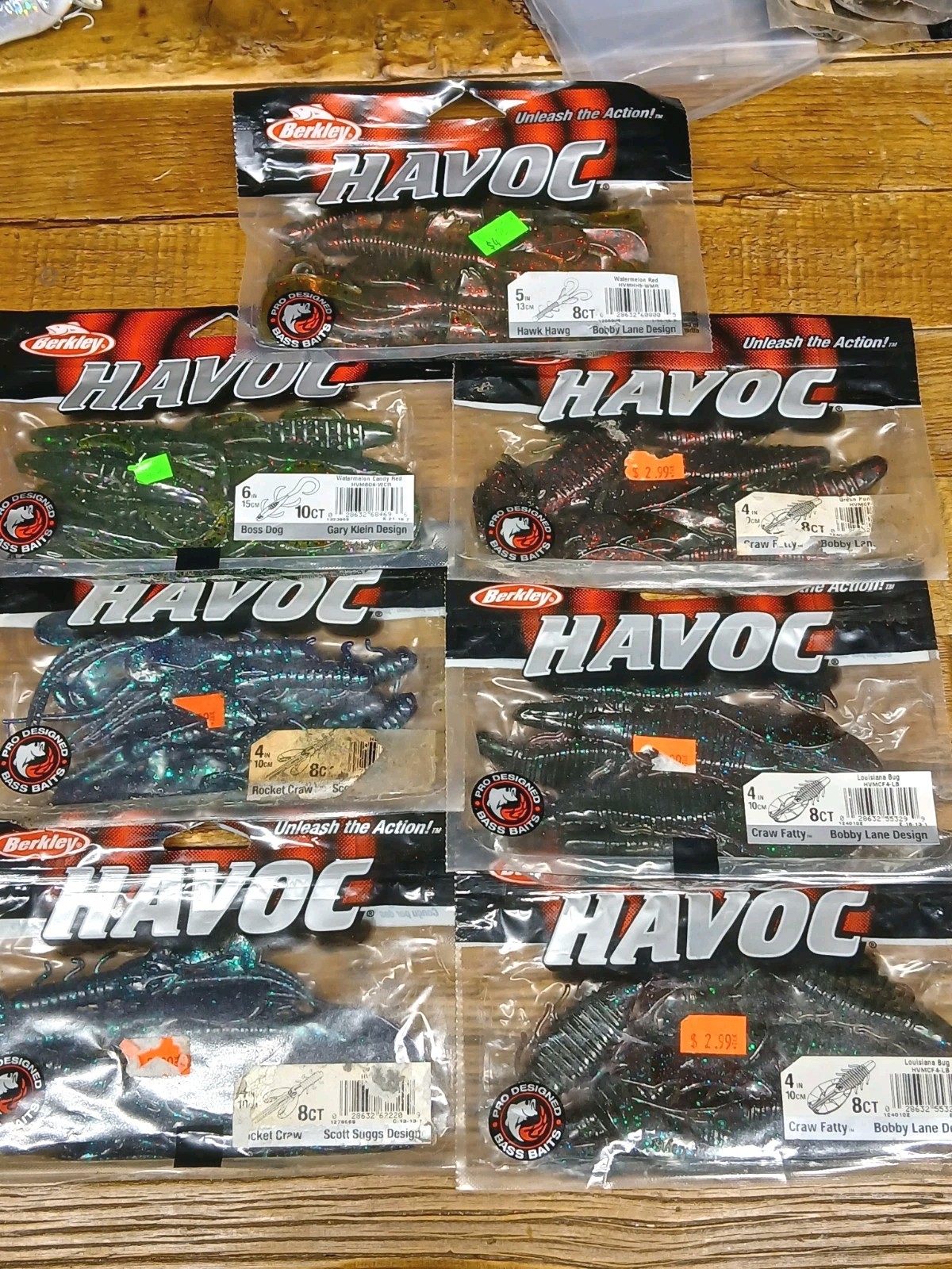 7 Bags of Assorted Berkley Havoc Plastic Baits  Craw Fatty,Rocket Craw & More!
