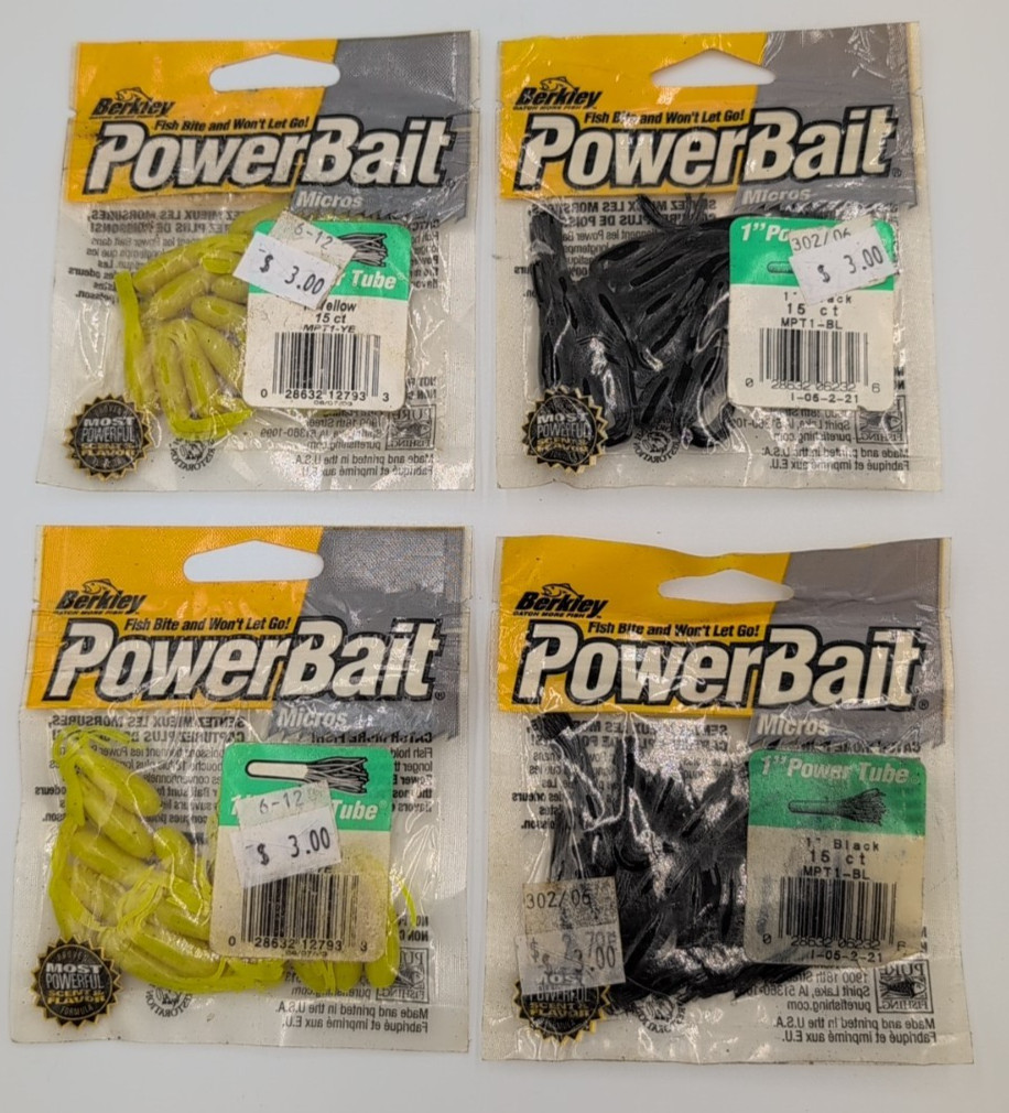 Lot of 4 – Berkley Powerbait 1 inch Power Tube – Black (2) / Yellow (2) – 15/pk