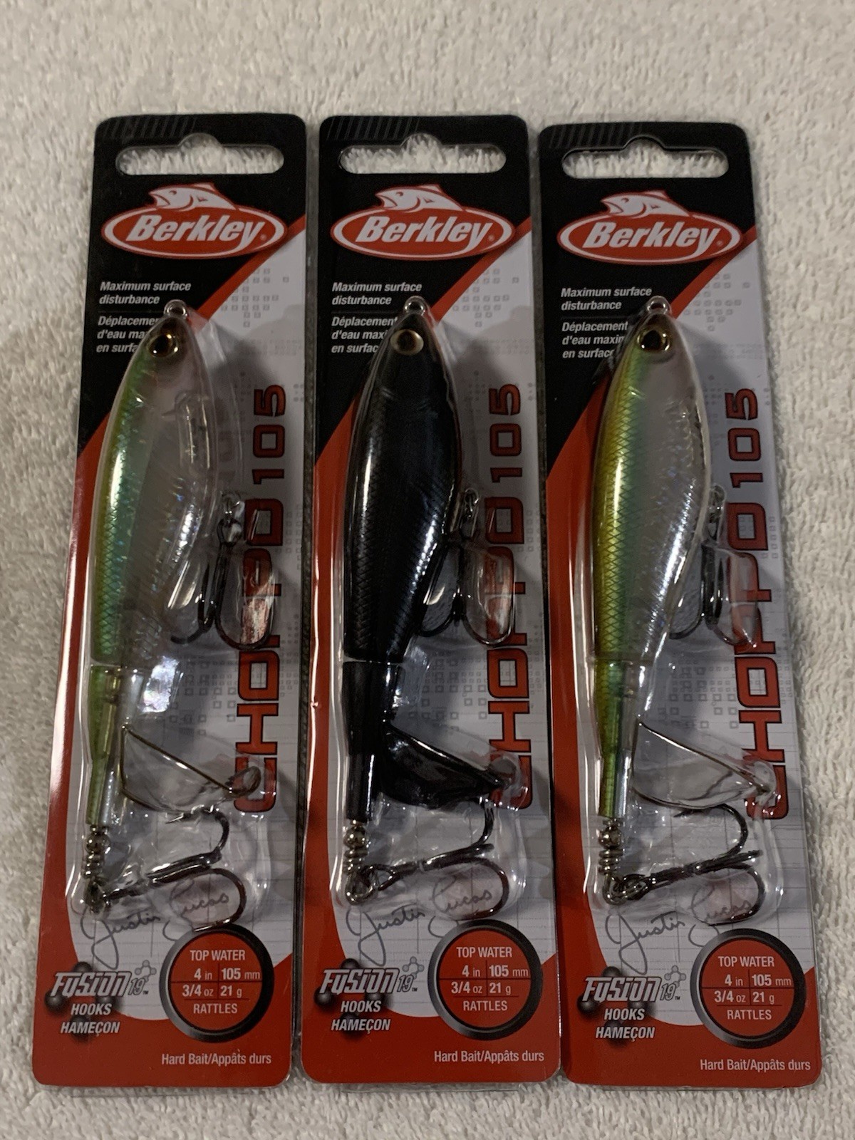 (LOT OF 3) BERKLEY CHOPPO 105  3/4oz.  TOP WATER MULTIPLE COLORS NIP