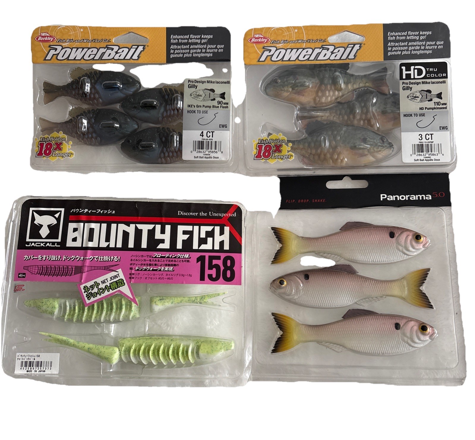 Swimbait Lot Of 4, 2-Berkeley Gilly, Jackall Bounty Fish 158, 6th Sense Panorama