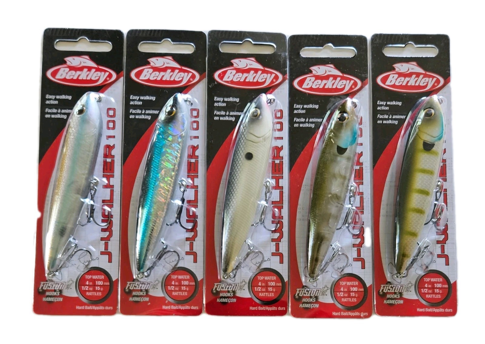 (Set of 5) Berkley J-Walker 100 Topwater Lures 1/2 oz, 4″ 5 Colors In Set New