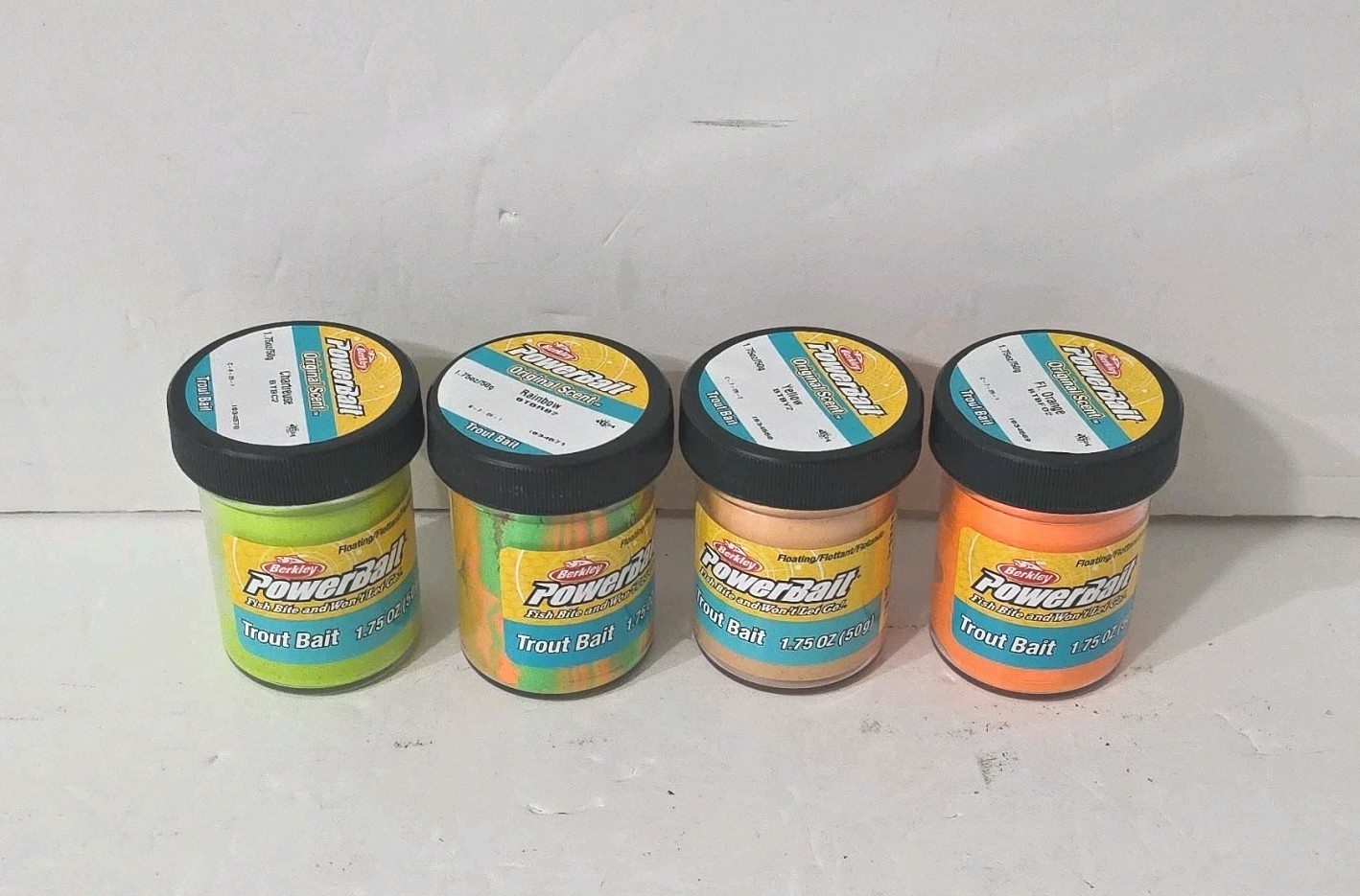 Berkley Powerbait Trout Bait Lot Of 4 – Chartreuse, Rainbow, Yellow, and Orange