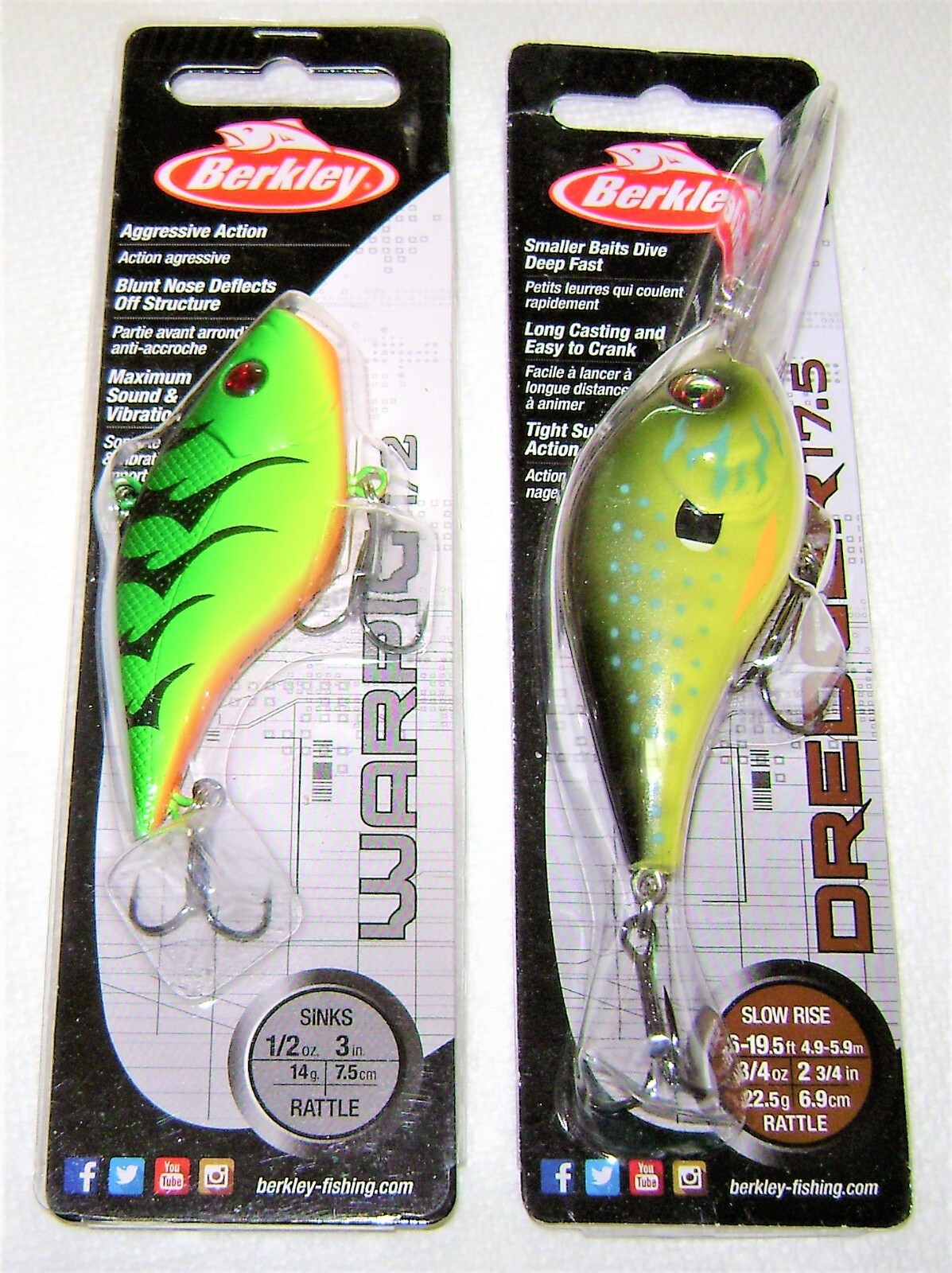 2 BERKLEY LURES DREDGER WARPIG CRANKBAIT LURES FIRETIGER RUBBERTAIL COLORS