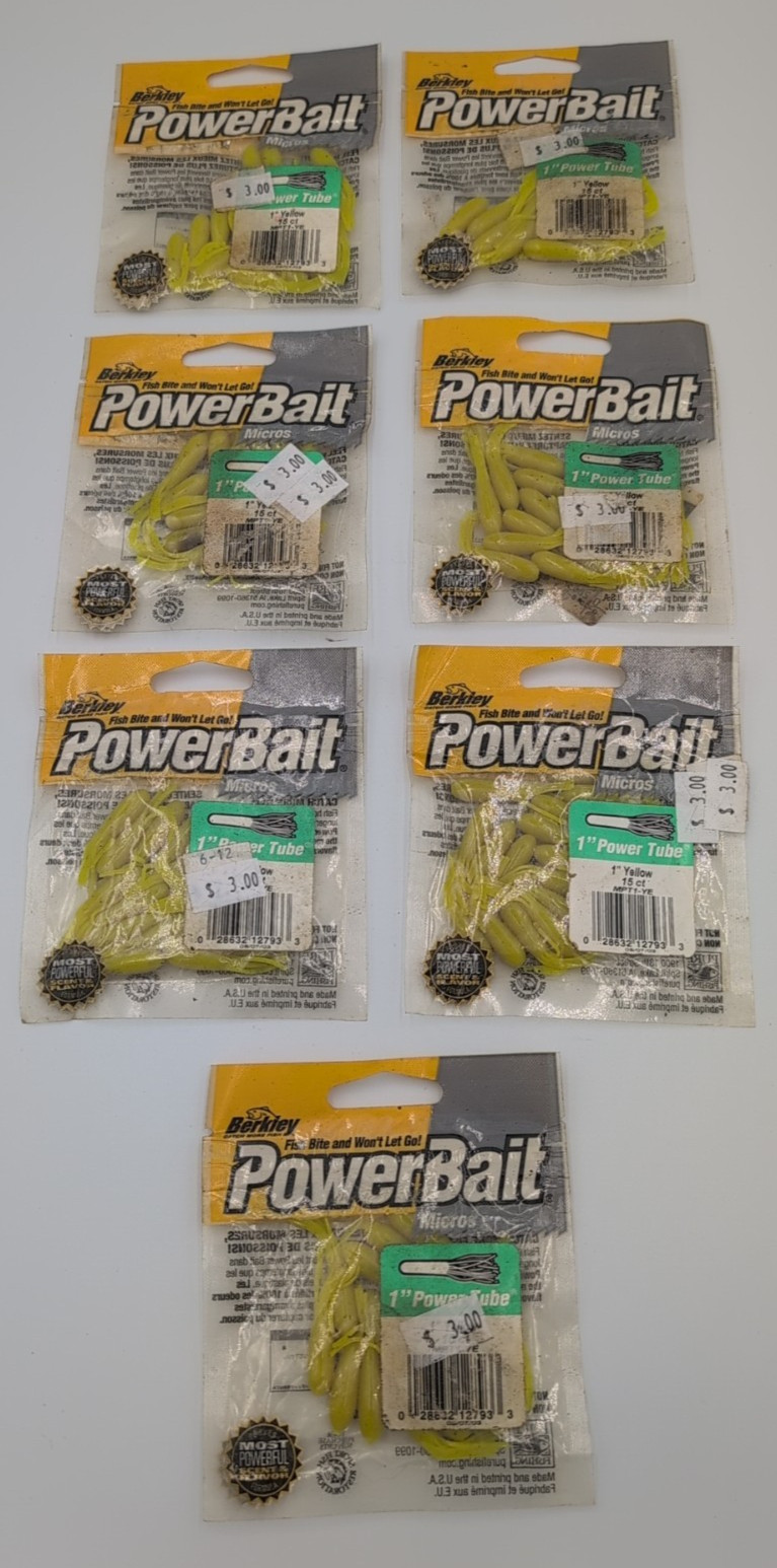 Lot of 7 – Berkley Powerbait Power Tube 1″ Yellow 15 Ct Fishing Lure NOS