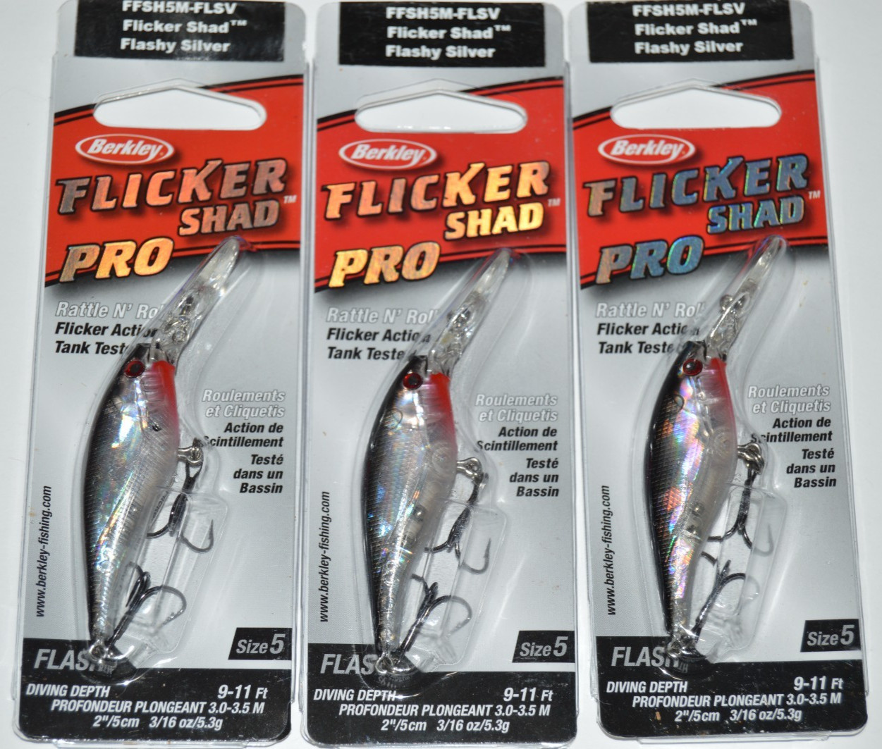 3 lures berkley flicker shad pro 2″ size 5 crankbait 3/16oz flashy silver