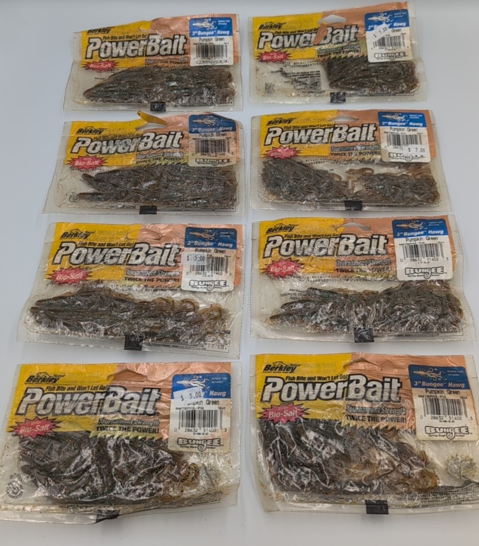 Lot of 8 – Berkley PowerBait 3” Bungee Hawg Pumpkin Green Bio Salt Bass – 12ct