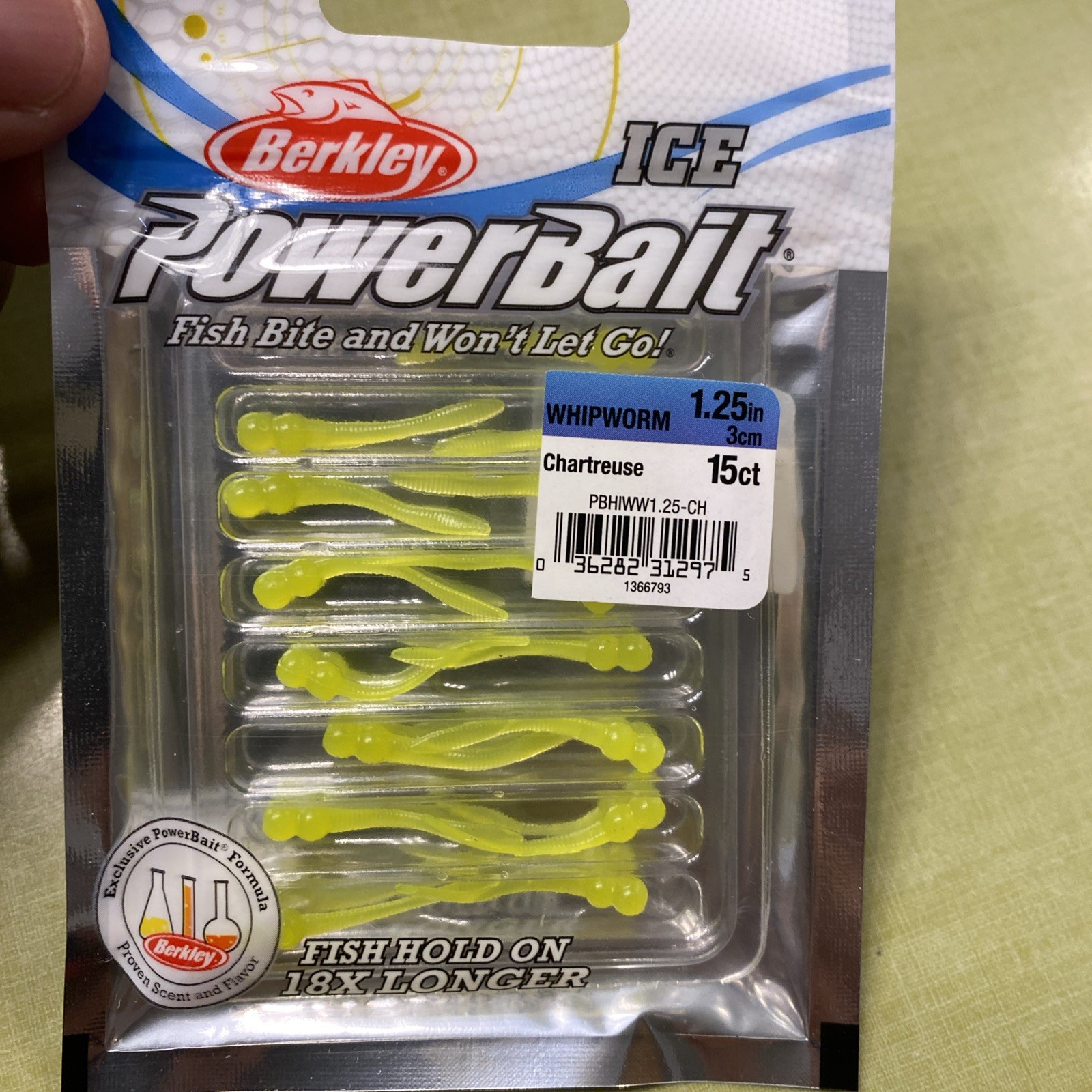 1 PACKS Berkley ICE PowerBait 1.25″ Whipworm Chartreuse 15 Count PBHIWW1.25-CH