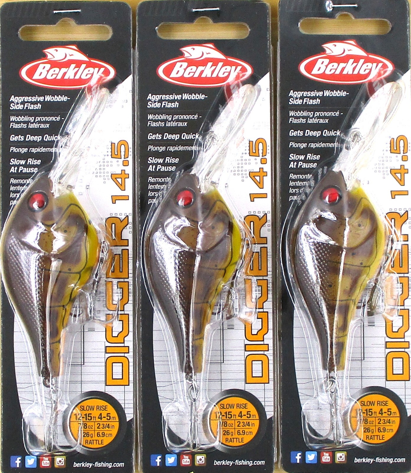 (3) Berkley 7/8 Oz 2 3/4″ Digger 14.5 Rattle Crankbaits Brown Craw Brand New