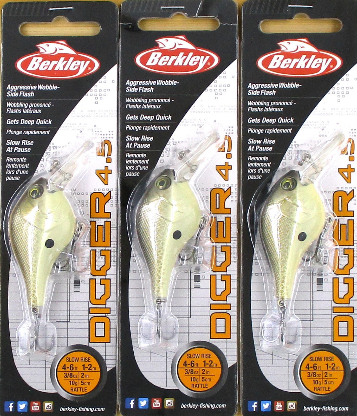 (3) Berkley 3/8 Oz 2″ Digger 4.5 Rattle Crankbaits Honey Shad BHBDG4.5-HNSH New