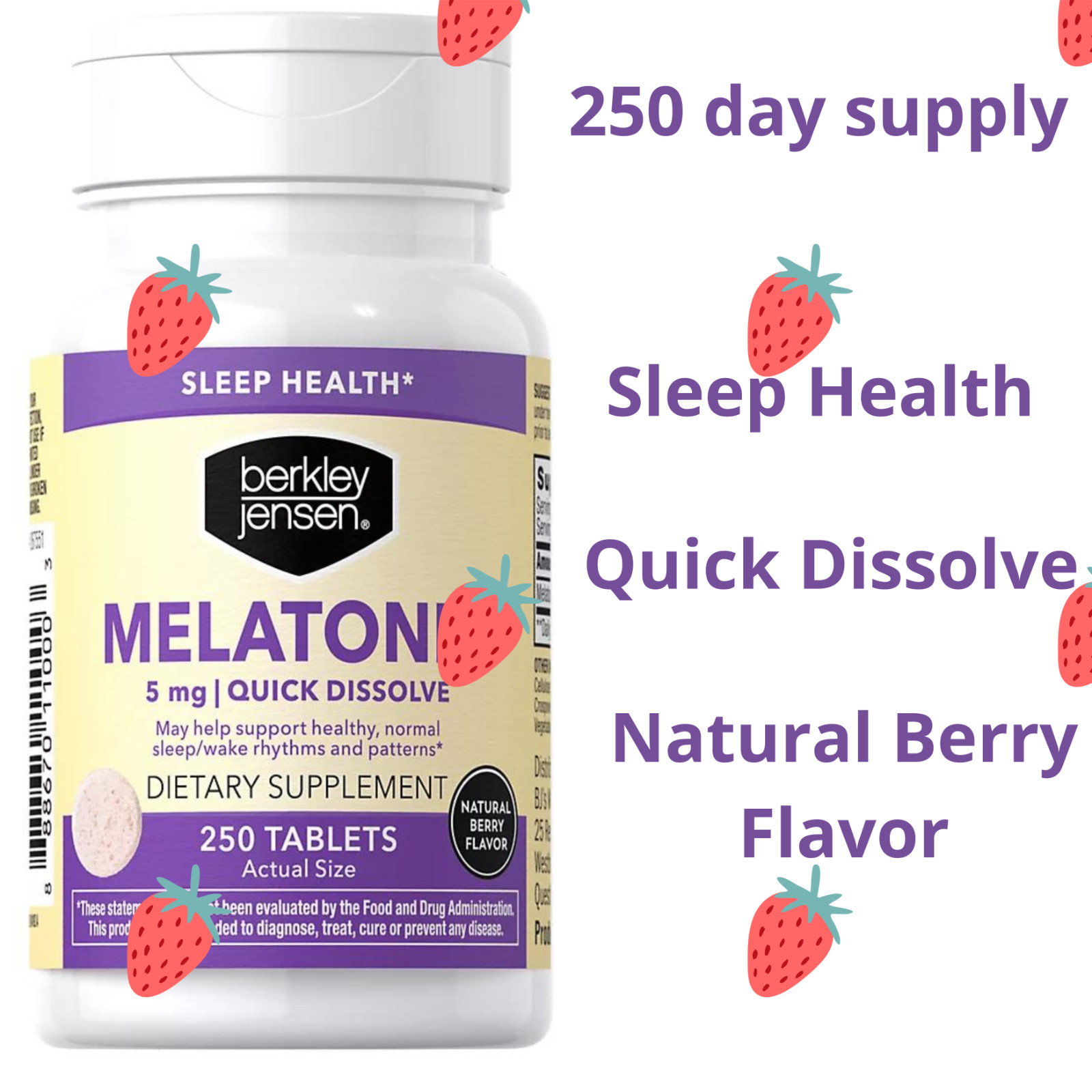 Berkley Jensen Melatonin 5mg Quick Dissolve Natural Berry Flavor 250 Tablets