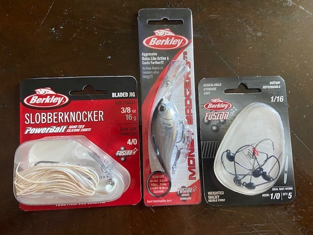3 – Berkley, 1 Slobberknocker, 1 Money Badger, 1 Weighted Wacky Hooks