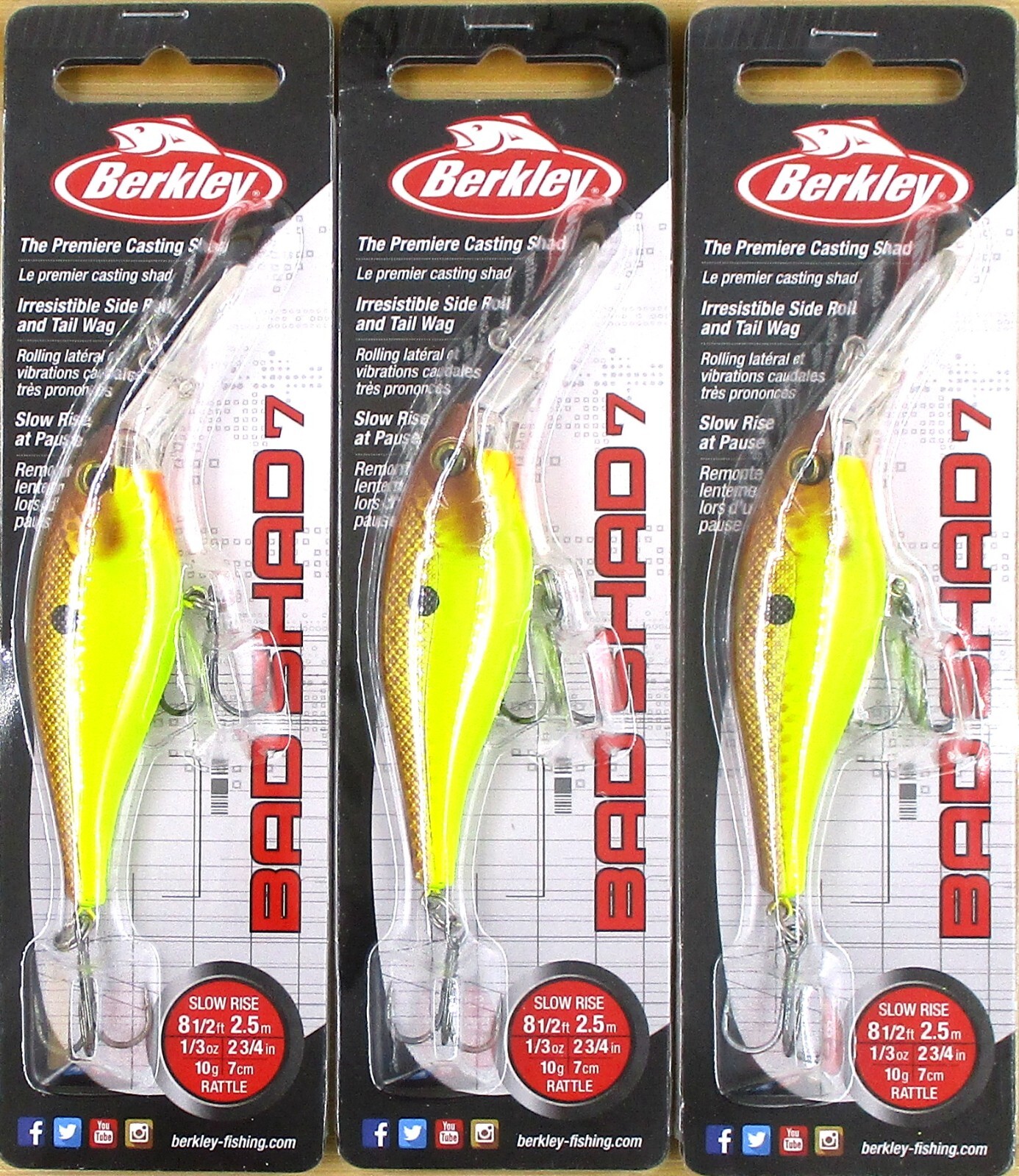 (3) Berkley 1/3 Oz 2 3/4″ Bad Shad 7 Rattle Crankbaits Brown Mustard Brand New