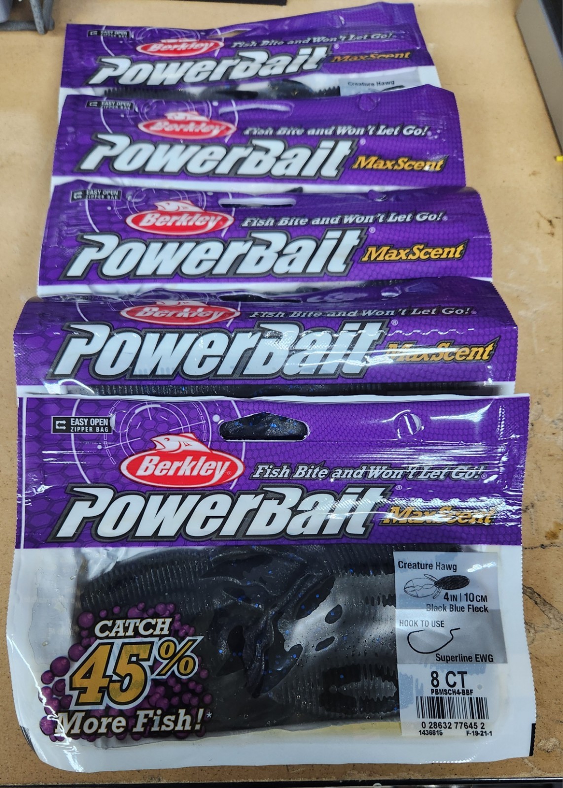 Lot of 5 BERKLEY POWERBAIT MAXSCENT 4″ CREATURE HAWG in  Black Blue Fleck