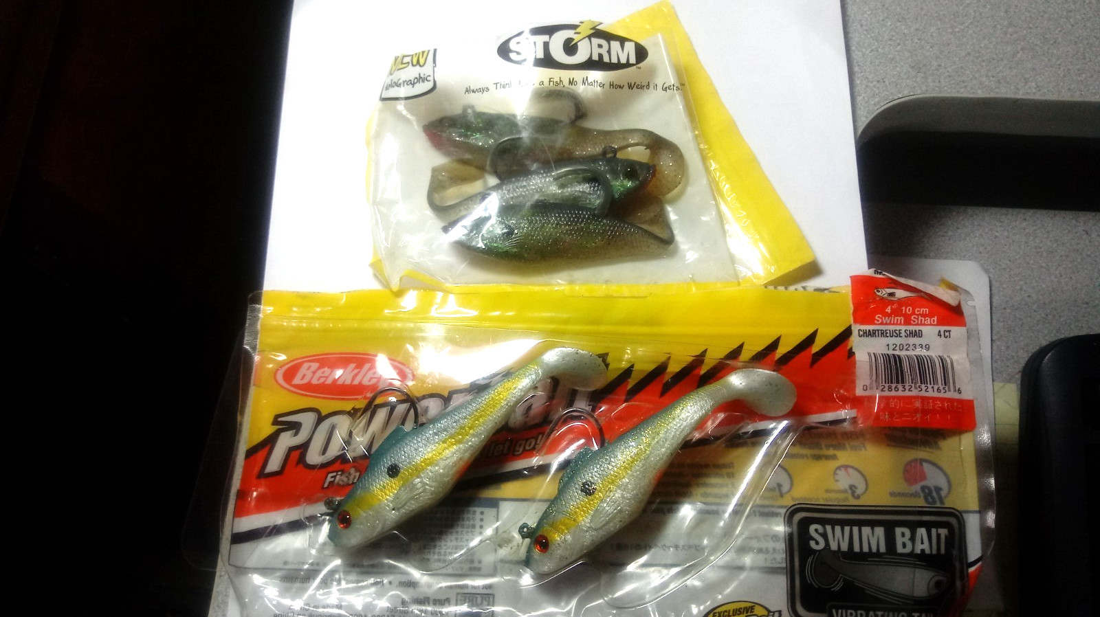 BERKLEY&STORM, SWIMBAITS, ALL 4″,2 BERKLEY POWER BAITS, 3 STORM SWIM BAITS