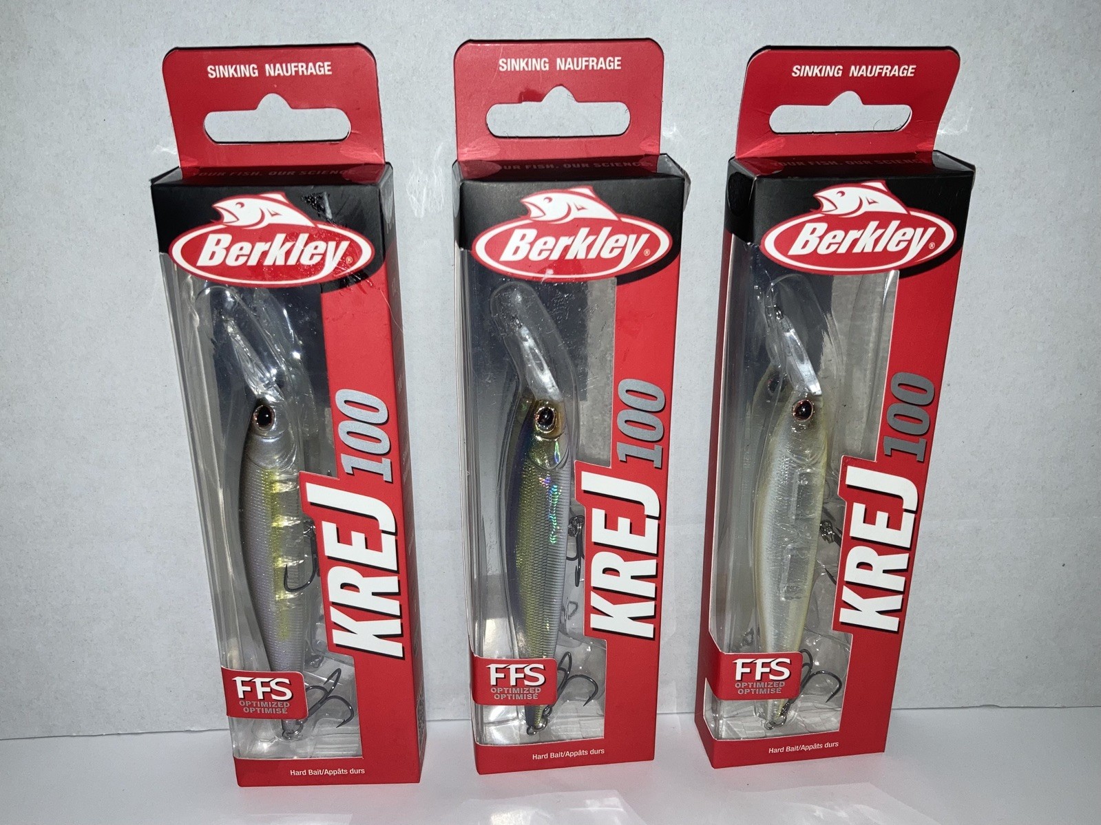 (3) Berkley Krej 100 FFS Jerkbaits: Stealth Shad, Nebu, & Hankie Pankie, New