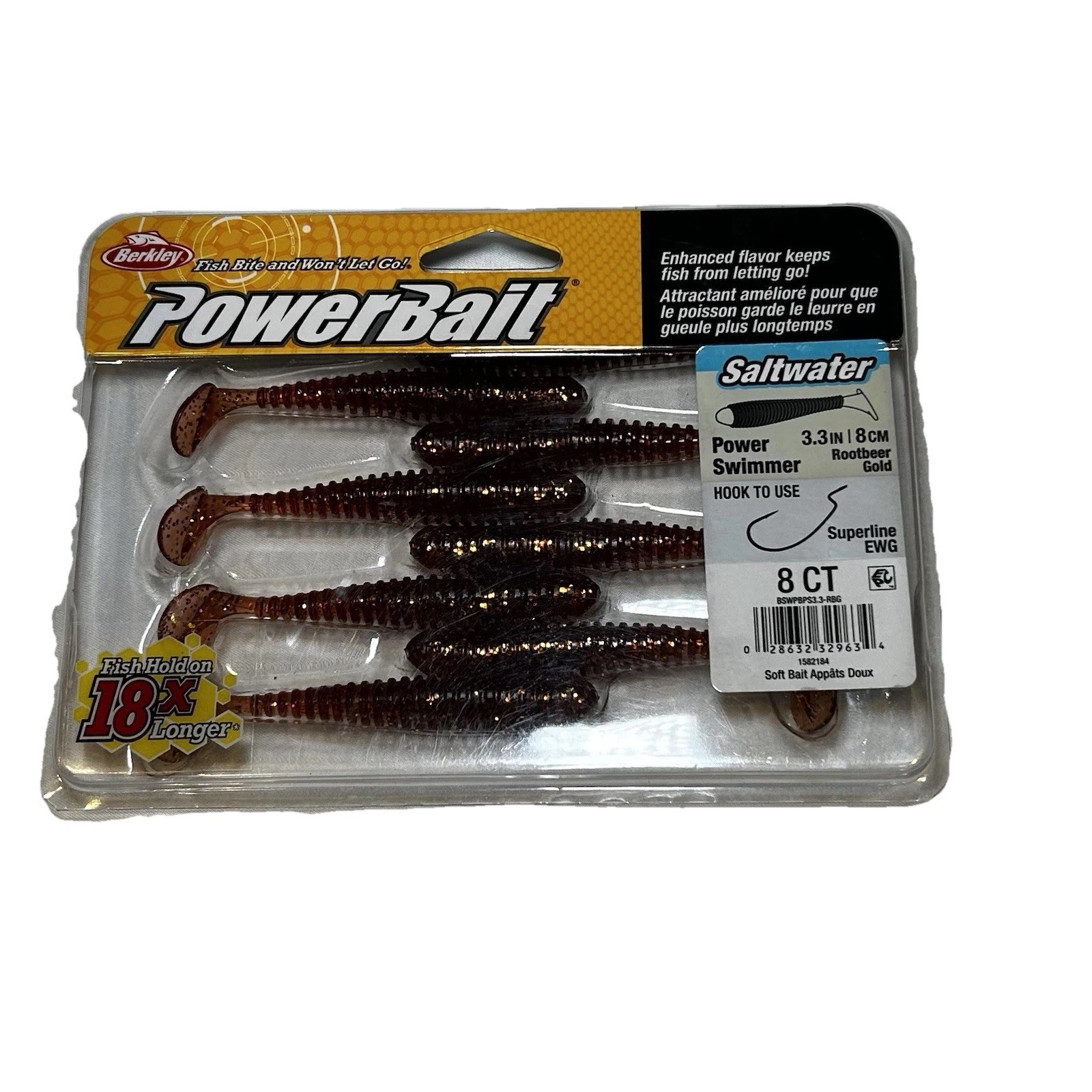 Berkley Powerbait 3.3/ 8 vm Power Swimmer 8ct Root beer Gold Enhances Flavor.
