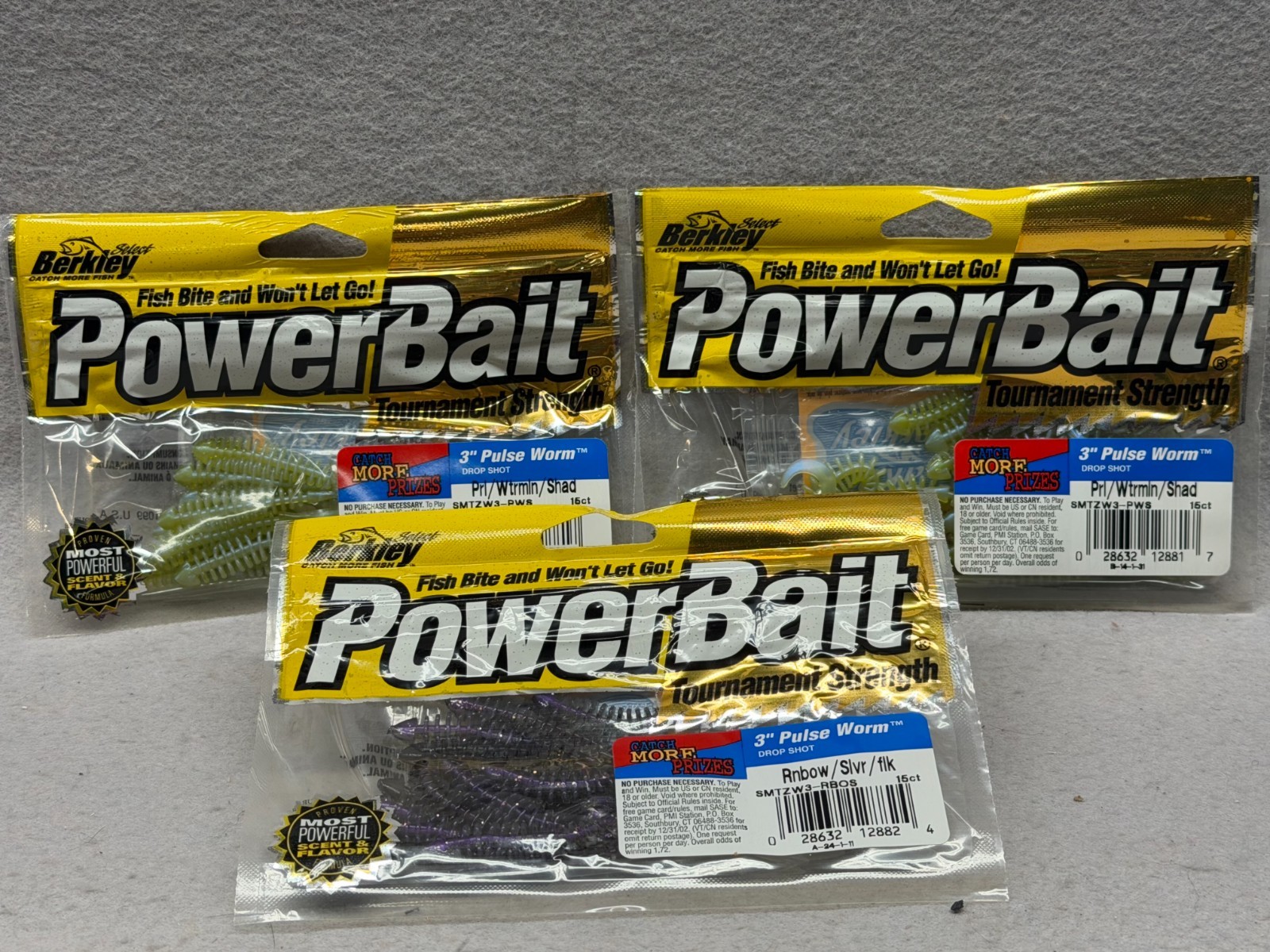 Obsolete Vintage Berkley 3″ Power Pulse Tournament Strenght Worms (3) 15 Pks (D)