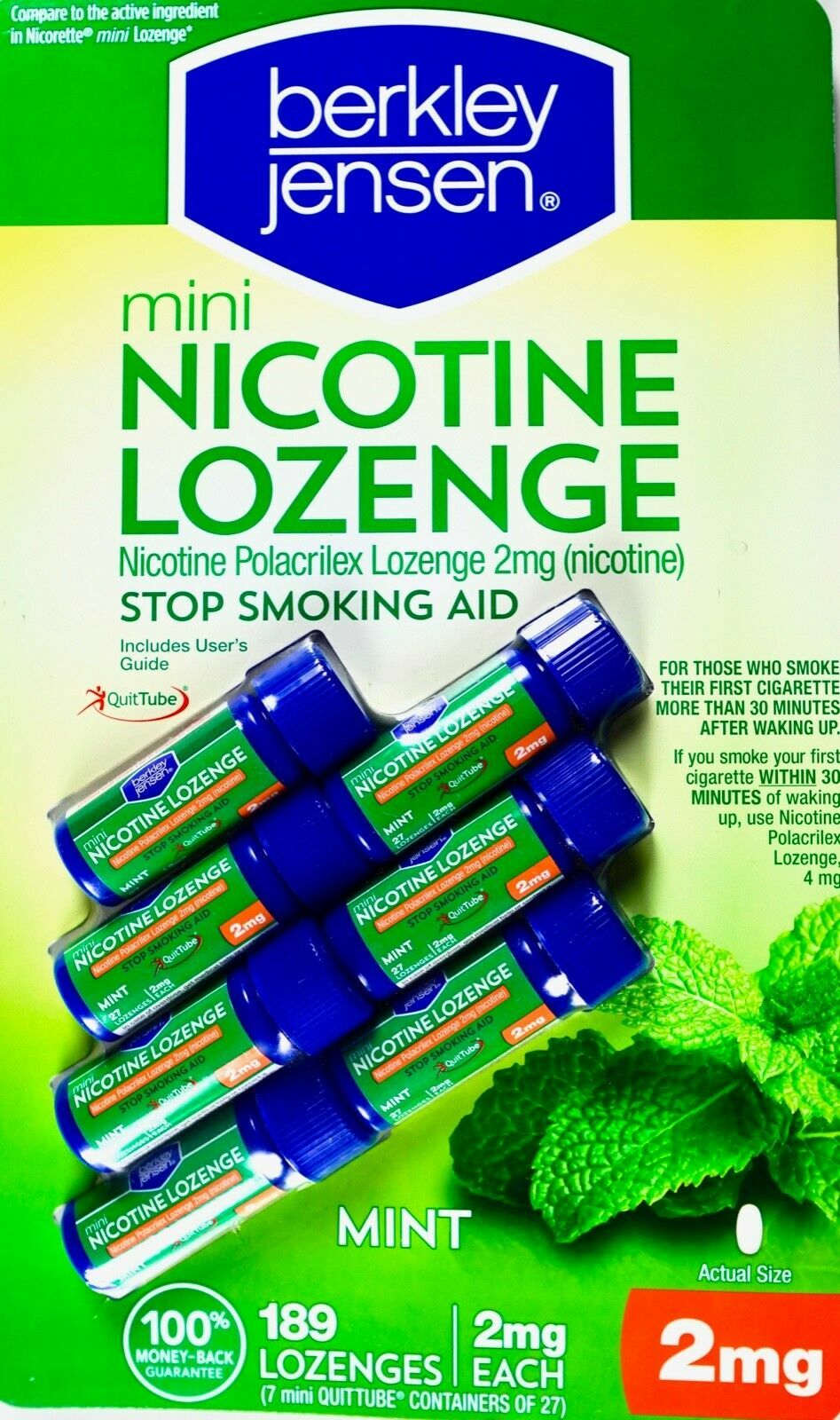 Berkley Jensen Mini Nicotine Polacrilex 2mg Mint Stop Smoking Aid, 189 Lozenges