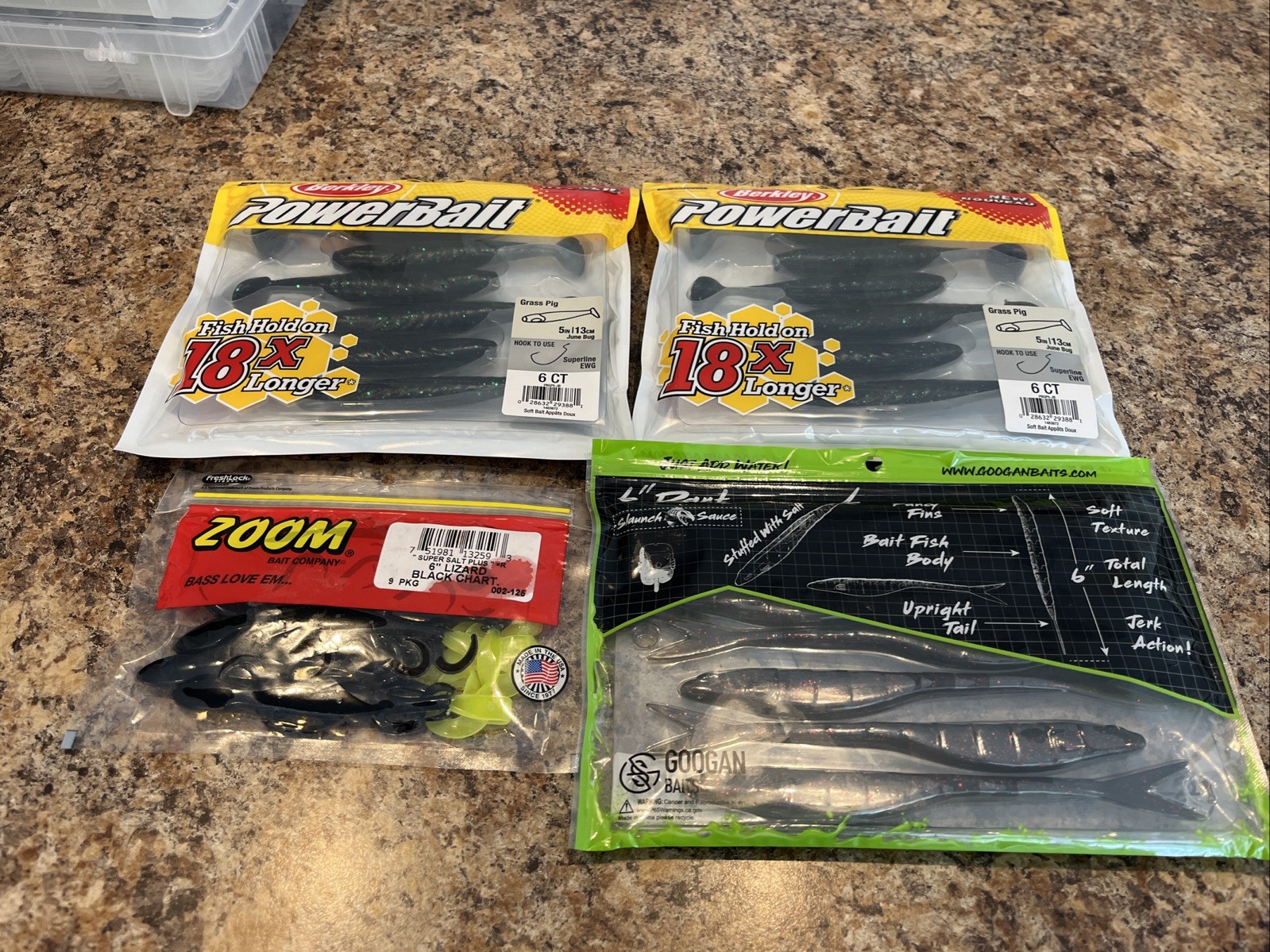 Lot Of 4 Soft Lures BERKLEY POWERBAIT GRASS PIG, Googan 6” Dart & Zoom 6” Lizard