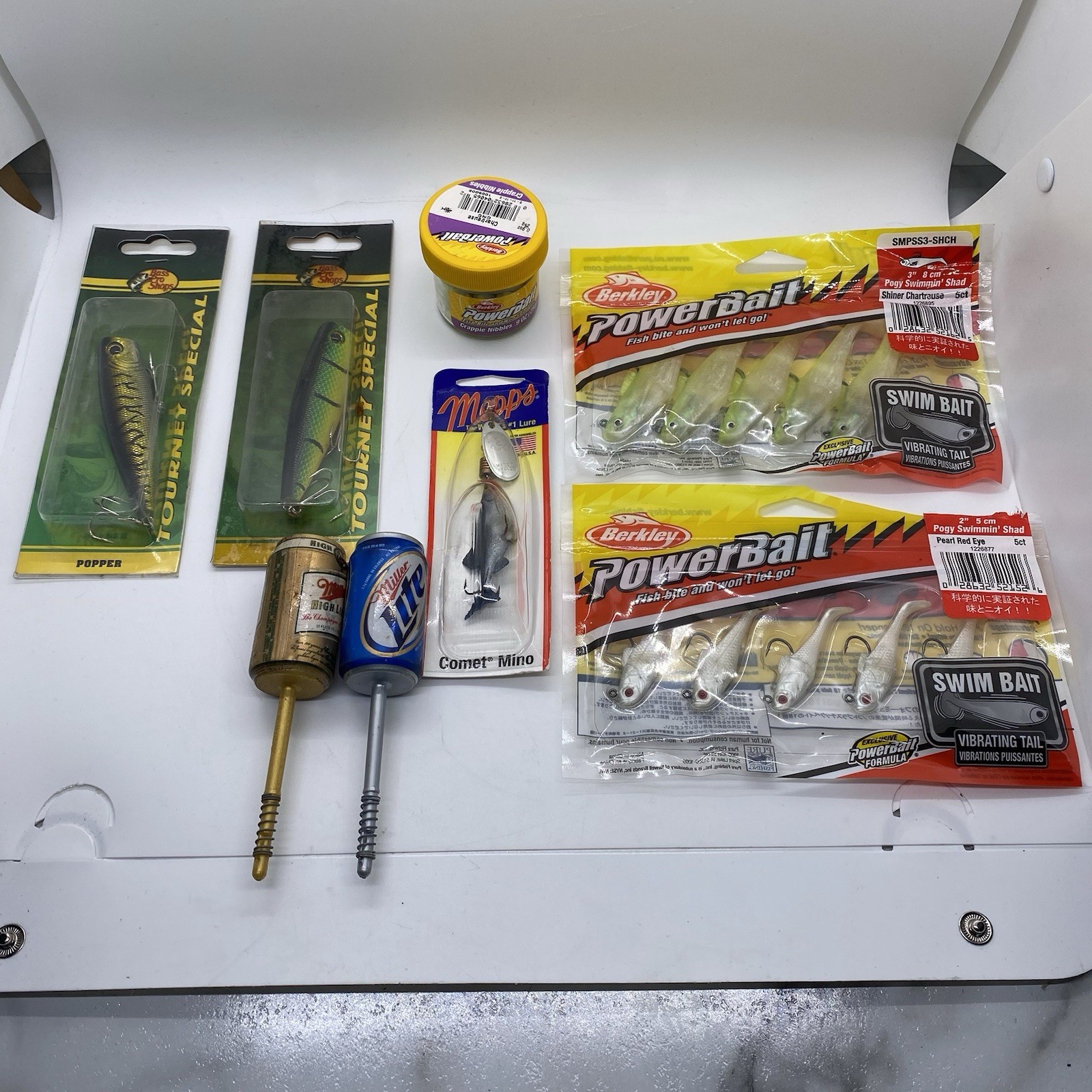 Fishing Lure Lot Berkley PowerBait Bass Pro Shops Mepps Miller Beer Can Bobbers