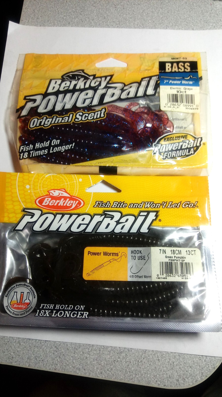 BERKLEY “POWER BAIT”,NEW, LOT OF 2 PKS, 7″ POWER WORMS,GR.PUMPKIN&ELECT.GRAPE