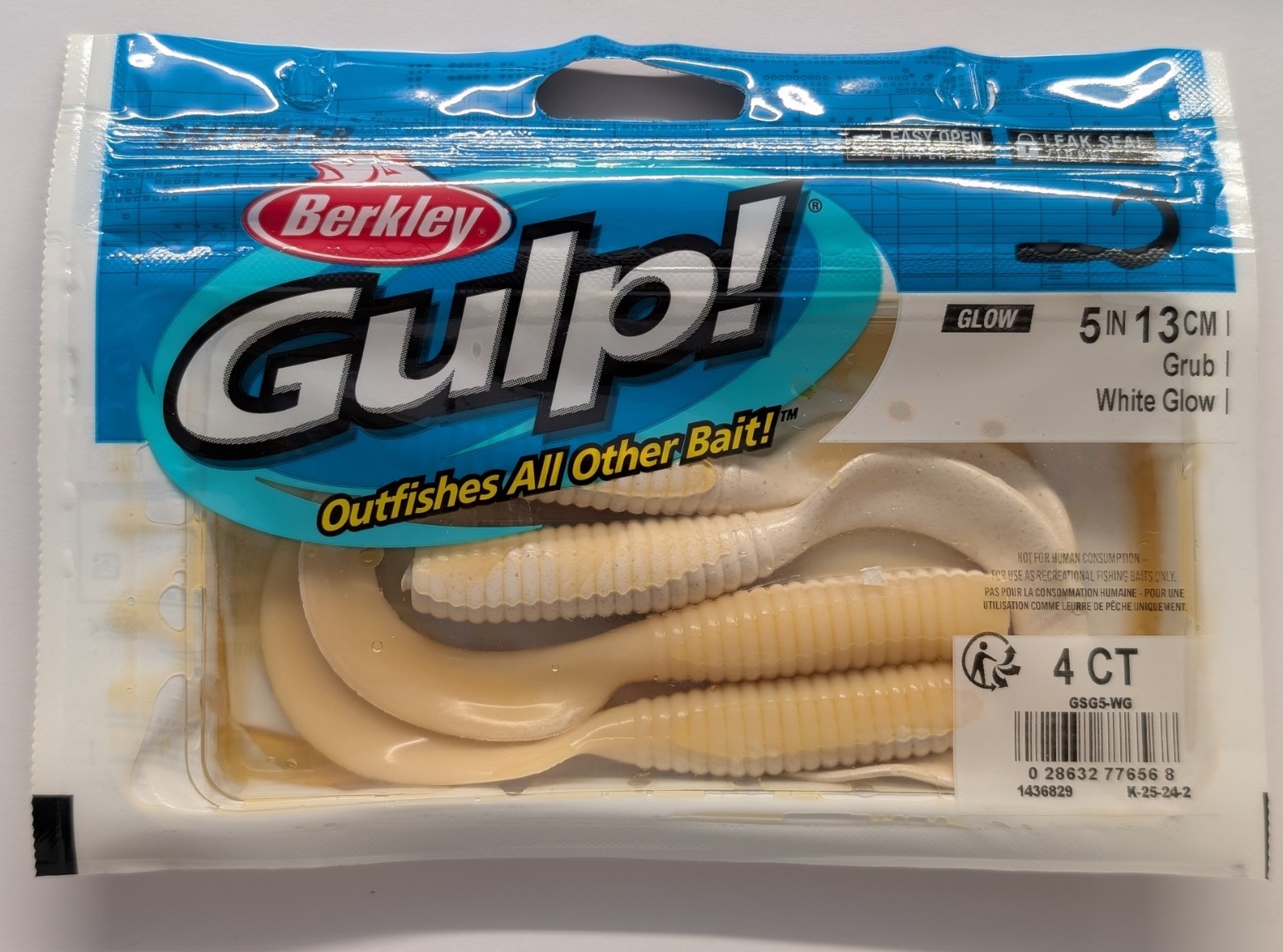 Berkley Gulp 5 Inch Grub White Glow Saltwater Fishing Fluke Flounder 4 Per Pack