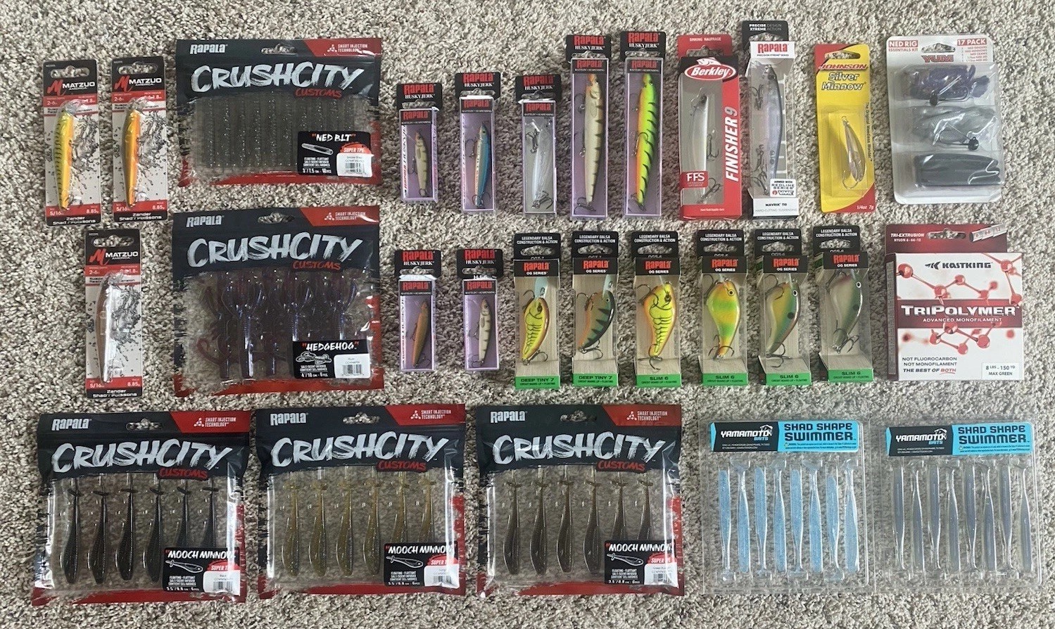 Rapala Fishing Lure Lot OG Slim Husky Jerk DT + CrushCity Yamamoto Bass Bundle