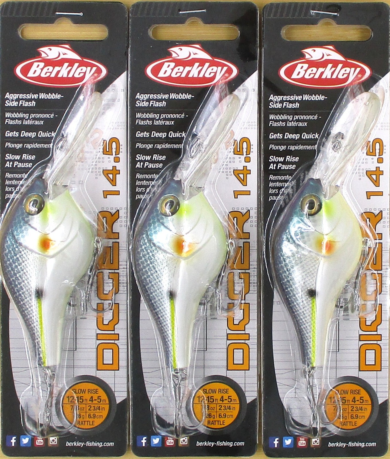 (3) Berkley 7/8 Oz 2 3/4″ Digger 14.5 Rattle Crankbaits Chameleon Pearl New