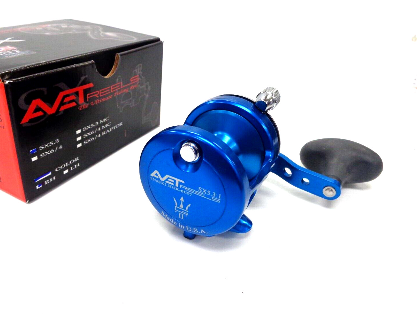 Avet SX5.3 G2 Single Speed Lever Drag Reel with Glide Plate Right Handed – BLUE