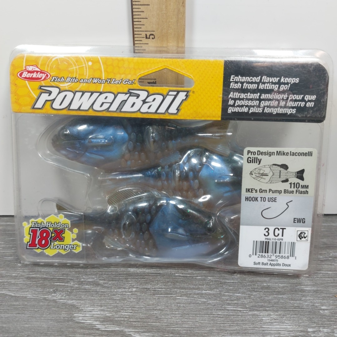 Berkley PowerBait Gilly 110mm Soft Swimbait Green Pump Blue Flash 3 Count Sealed