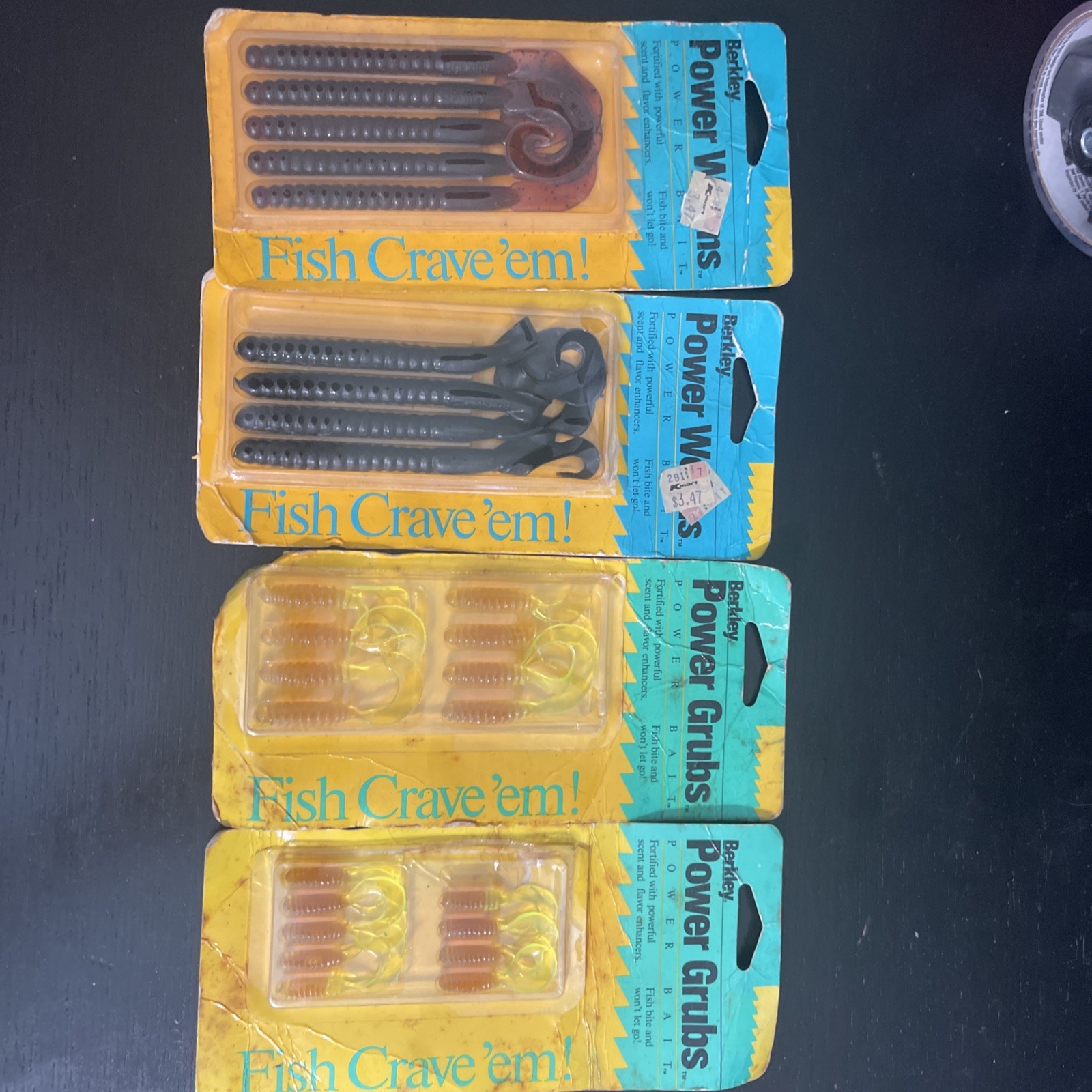 Lot of 4 Berkeley 7″ Power Worms/2″ Power Grubs Pumpkinseed/Blk/Chart 5/10ct NIP