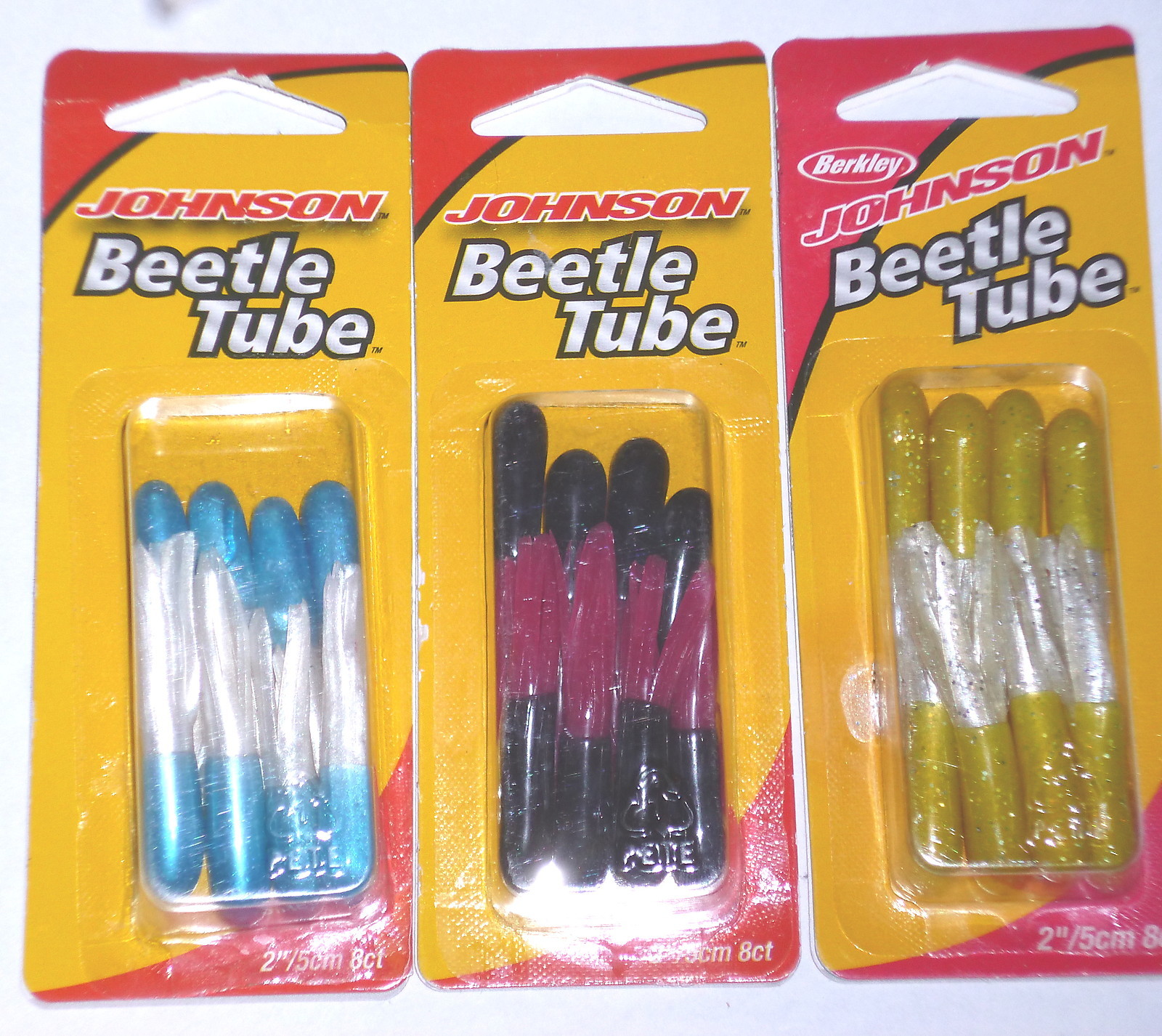 Berkley/Johnson 2″ Beetle Tubes (Lot of 3-Bl. Wt/Bl. Purp/Yellow Wt-8/pack)
