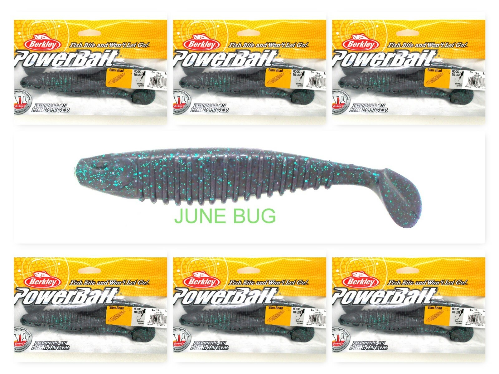 (6) Unopened Bags Packs Berkley Powerbait 6″ Slim Shad June Bug PBBSLS6-JB New