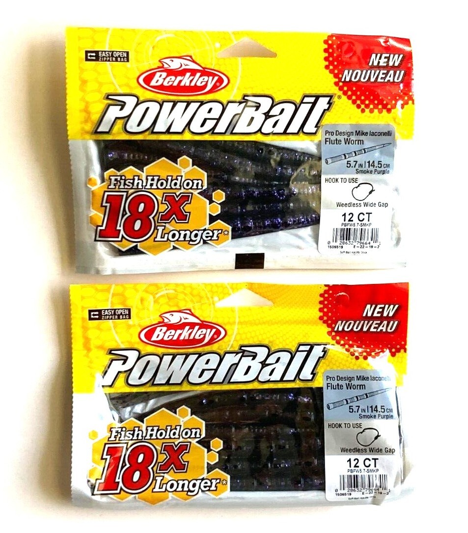 2 PACKS Berkley PowerBait Flute Worm 5.7inch Smoke Purple 12 Count Pro Design
