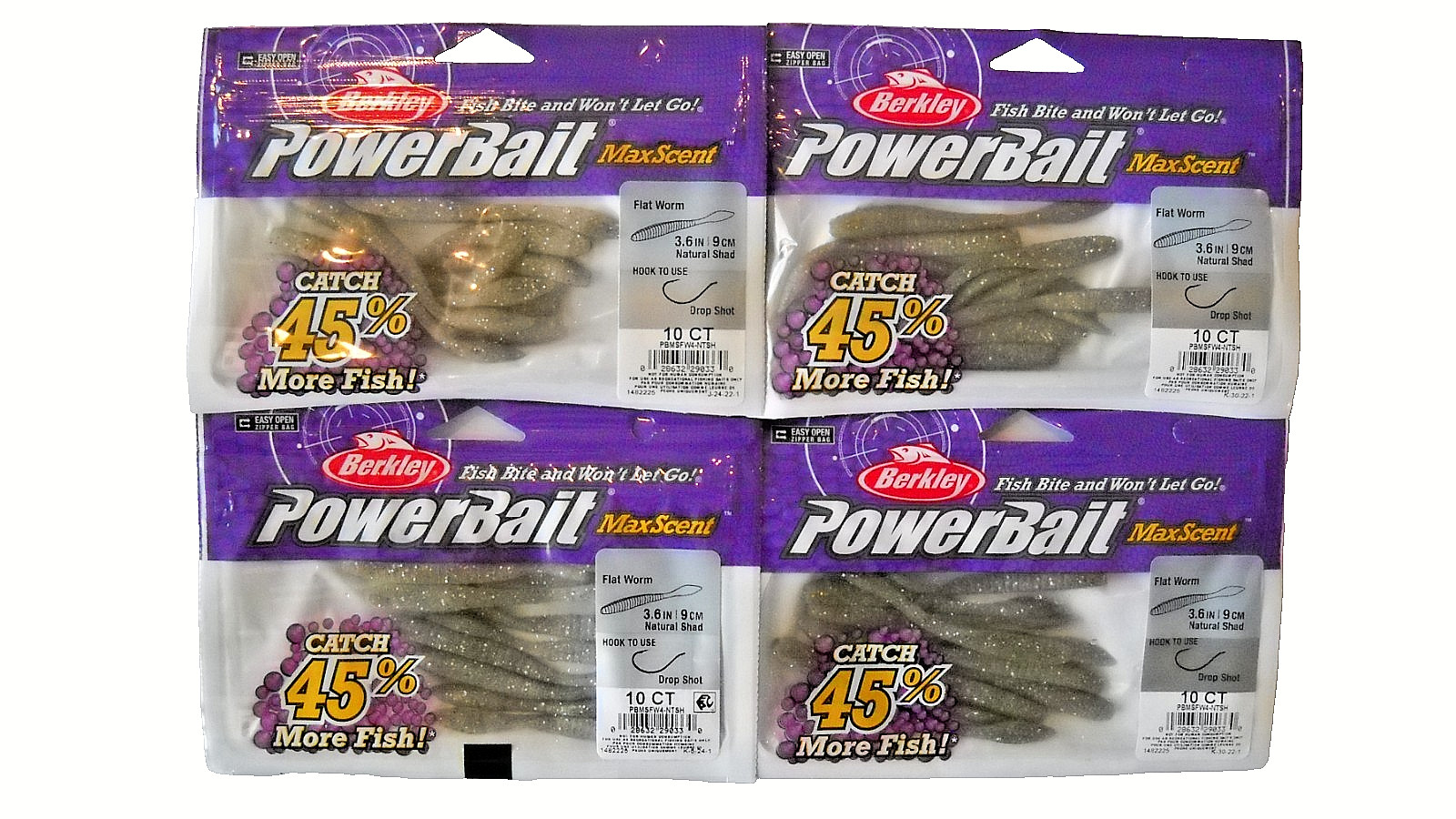 Lot of 4 BERKLEY POWERBAIT MAXSCENT 3.6″ FLAT WORM in NATURAL SHAD color