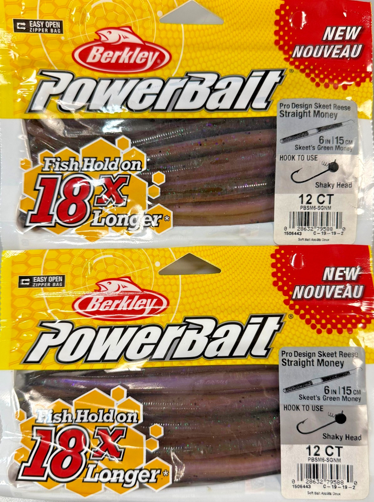 2-Berkley Power Bait Worm Straight Money Skeet Reese 6″ 12 Pack Green Money.
