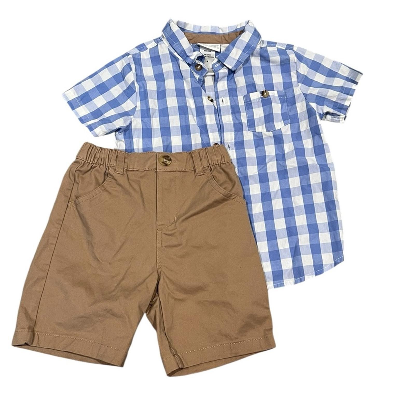 Berkley Jensen Boys 2-Piece Outfit Size 4 | Gingham Shirt & Khaki Shorts | NWOT
