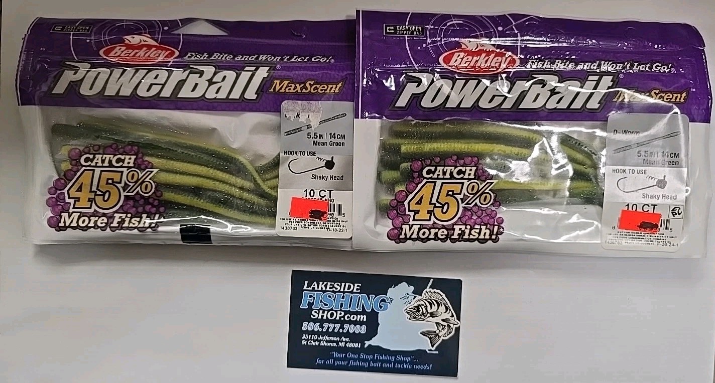 LOT OF 2 BERKLEY POWERBAIT MAX SCENT 5.5″ D-WORM SOFT PLASTIC FISHING LURES