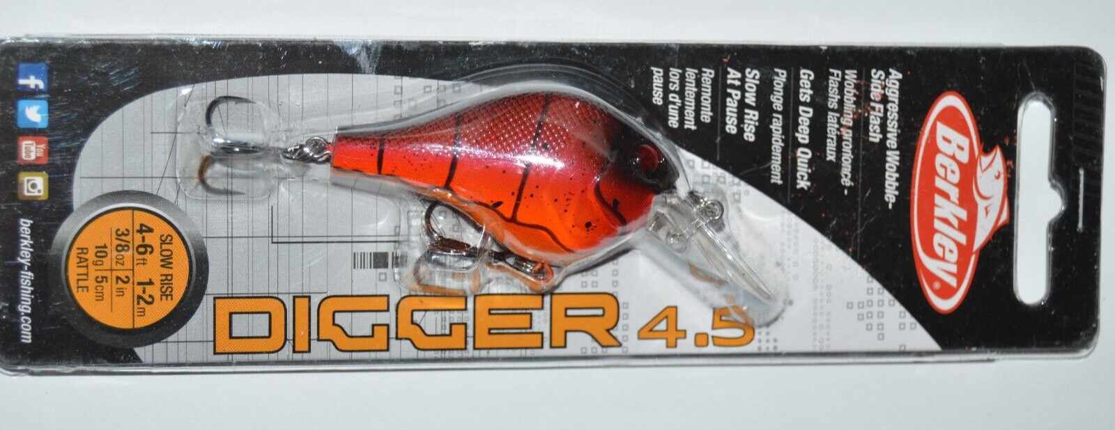 berkley digger 4.5 slow rise bass crankbait 2″ rattles 3/8oz special red craw