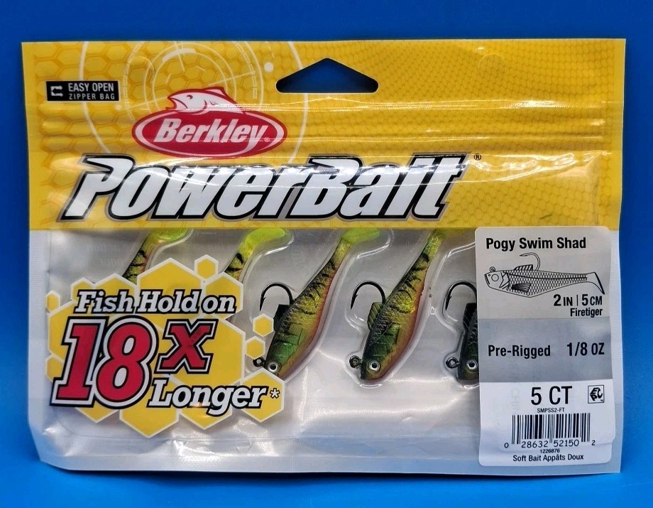 Berkley PowerBait Pogy Swimmin’ Shad Soft Fish Bait 2” Firetiger 5 Count