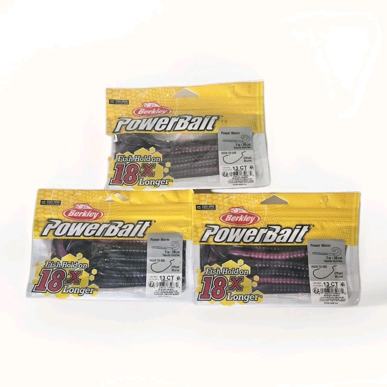 3 Pack Berkley PowerBait Power Worm 7 in 13 Count Soft Plastic Tequila Sunrise