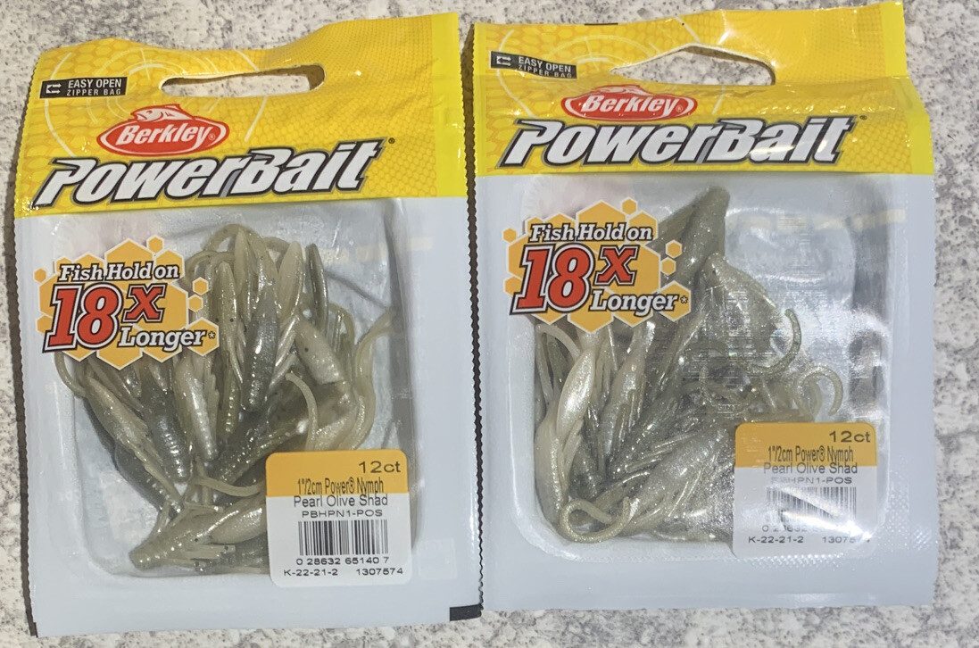 2 Packs Berkley Powerbait 1” Power Nymph Ice Fishing Pearl Olive Shad