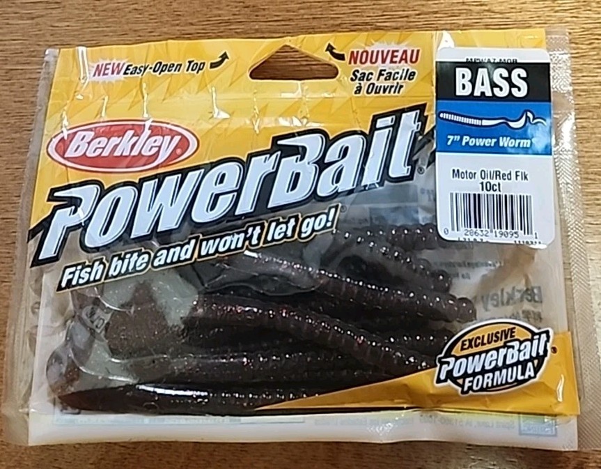Berkley Powerbait Ribbontail Worms 7″. Motor Oil/ Red Flake. 10/Pack