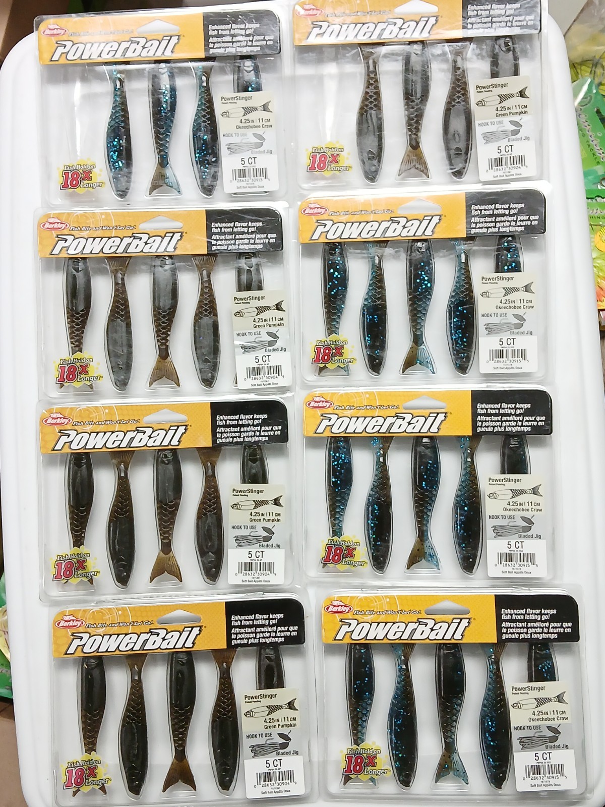 Lot of Berkley PowerBait Power Stinger 4.25″ Green Pumpkin, Okeechobee Craw 38ct